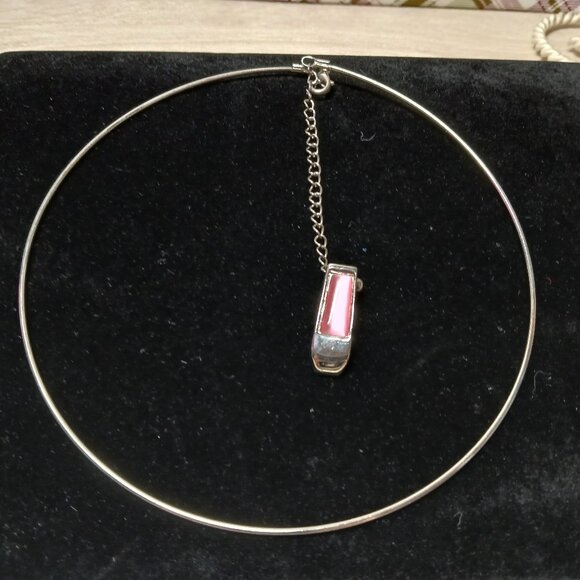 Silver Tone Pink Pendant Necklace & Stud Earrings Vintage Costume Jewelry #98 - Picture 5 of 7